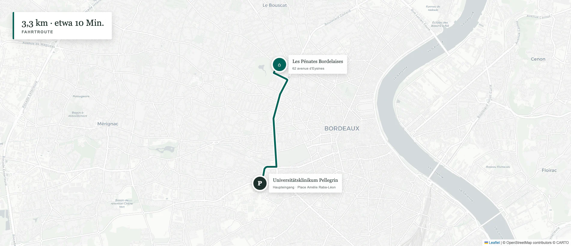 OpenStreetMap-Fahrroute von Les Pénates Bordelaises zum Universitätsklinikum Pellegrin in Bordeaux