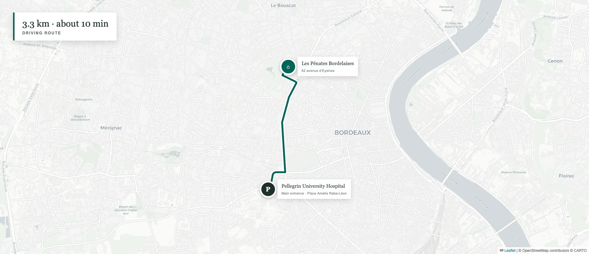 OpenStreetMap driving route from Les Pénates Bordelaises to Pellegrin University Hospital in Bordeaux