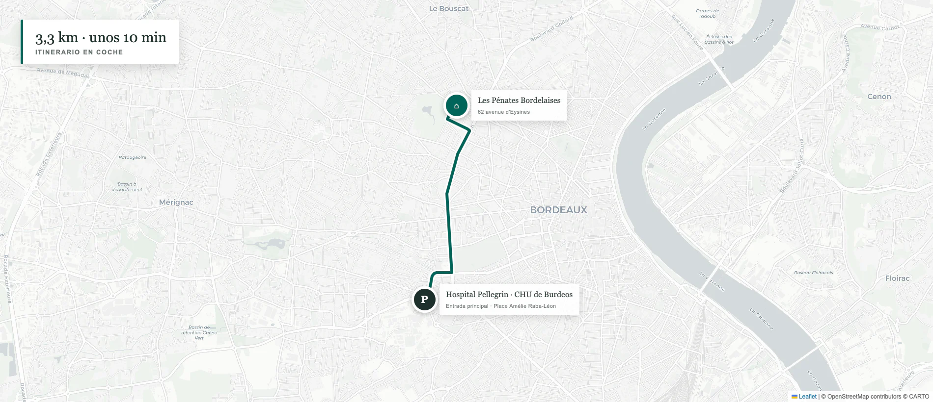Itinerario en coche en OpenStreetMap desde Les Pénates Bordelaises hasta el Hospital Pellegrin en Burdeos