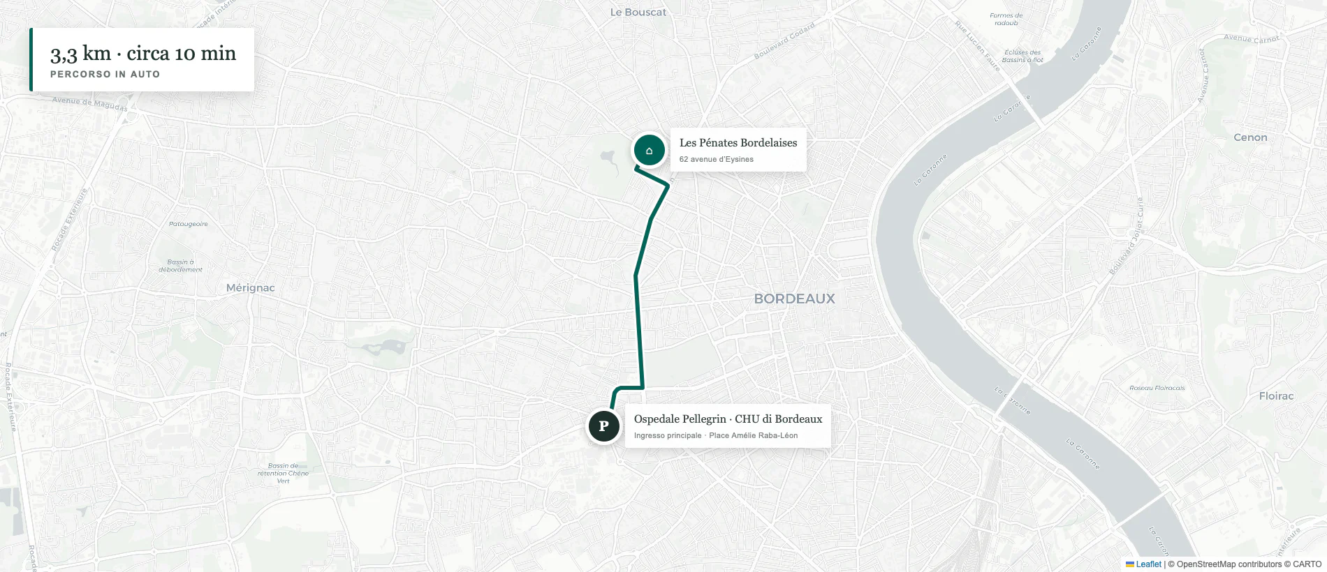 Percorso in auto OpenStreetMap da Les Pénates Bordelaises all’Ospedale Pellegrin a Bordeaux