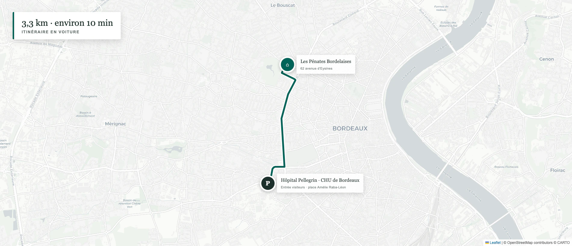 Carte OpenStreetMap du trajet en voiture entre Les Pénates Bordelaises et l’hôpital Pellegrin du CHU de Bordeaux