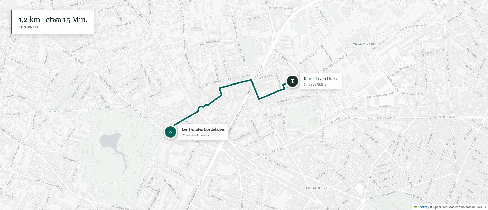 OpenStreetMap-Fußweg von Les Pénates Bordelaises zur Klinik Tivoli Ducos in Bordeaux