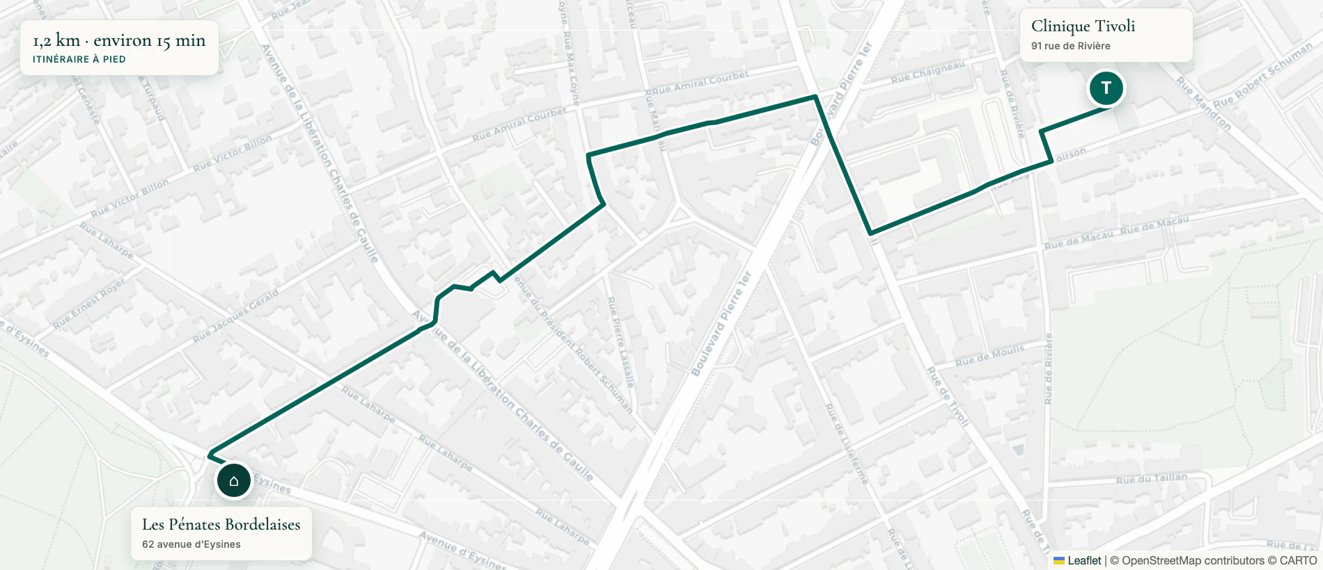 Carte OpenStreetMap du parcours à pied entre Les Pénates Bordelaises et la Clinique Tivoli Ducos à Bordeaux